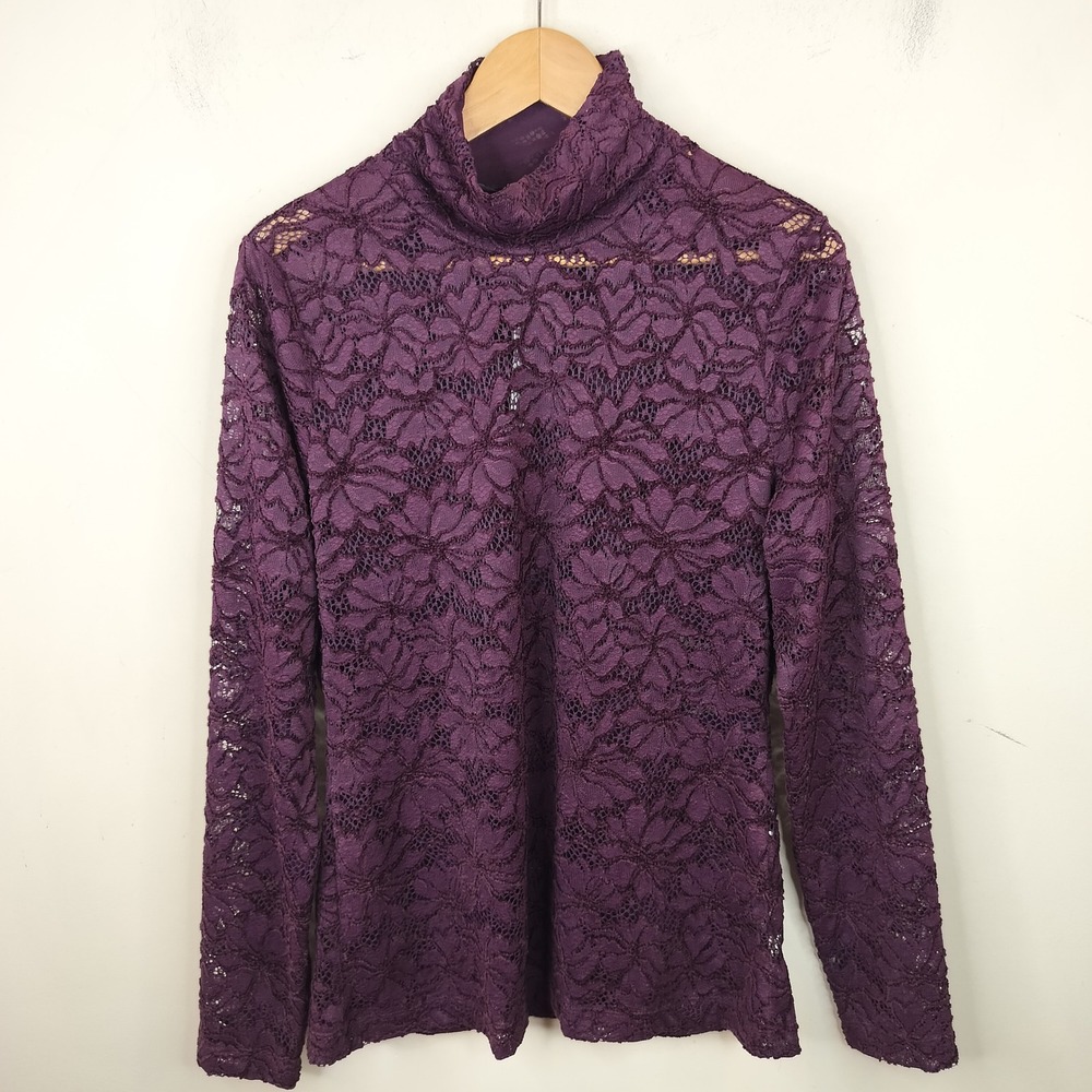 White House Black Market Floral Lace Top Large Sheer Mock Neck Plum Purple